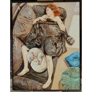 Woman In A Leather Jacket With Two Cats - Contemporary School