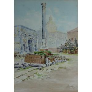 Column Of Phocas, Rome. Watercolor, Early 20th Century, Signed