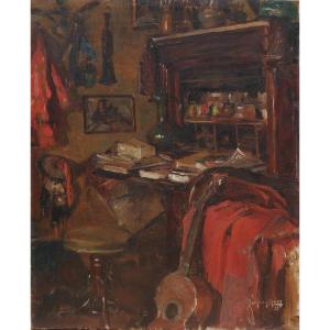 Jacques Maes (1905-1968). Interior Of An Artist, Mask And Guitar 1923