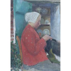 Portrait Of A Woman Knitting, Early 20th Century School, Embroidery