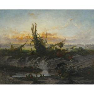 Twilight Landscape, Dog, Mullein, 1856. Julien Girardin (1824-1896)