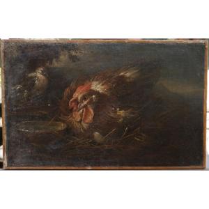 Hen And Bird Against A Landscape Background. Flemish Or Italian School, 17th Century.