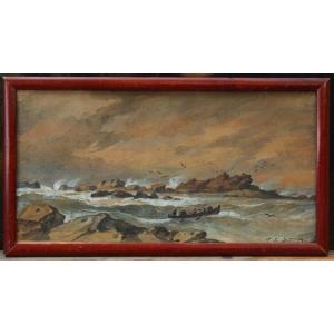évremont De Bérard (1824-1881). Marine, The Boat Near The Rocks.
