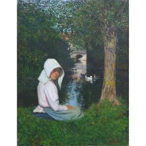 Young Woman By The River, 1900. Charles Nauert, 19th-20th Century