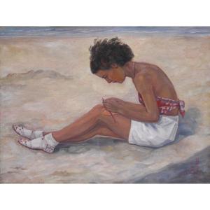 Louis Halflants (1898-1984). Young Girl, La Panne Beach In Belgium 1934.