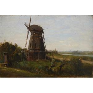 Landscape With Mill, Holland. Auguste Anastasi (1820-1889)