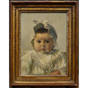 Portrait Of A Pretty Baby, Late 19th Century School In Antique 18th Century Louis 16 Frame
