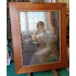 Very Large Pastel Portrait, Woman à La Lettre 1910. Suzanne Busmey (19th-20th)