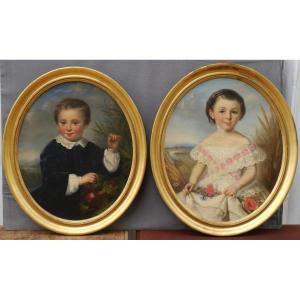 Two Portraits Of Children Circa 1850. Léonie Prin (1820-?)