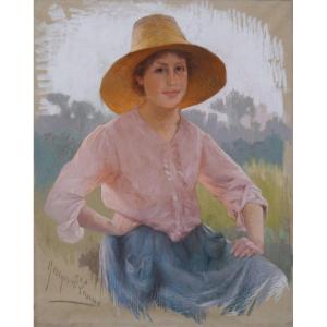 Portrait Of A Young Woman Wearing A Straw Hat. Georges Saint-lanne (1848-1912)