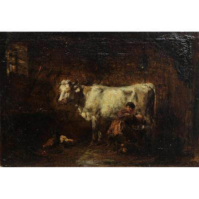 Cow In The Stable, Milking. Théodore Lévigne (1848-1912), Barbizon