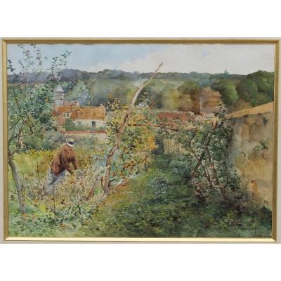 In The Garden - Large Watercolor By Francis Garat, XIXth
