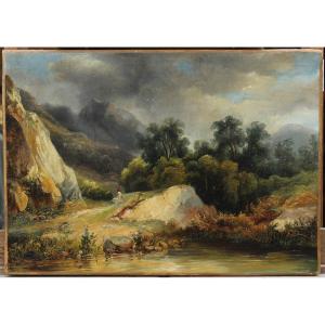 Landscape With River And Mountain - Attributed To André Giroux (1801-1879).