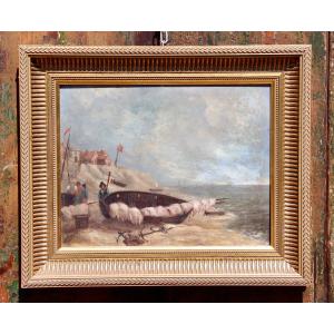 Marine Painting XIXth Boat On The Strike