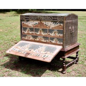 Secretary Chest With Painted Decor, 17th Century