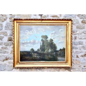 Large XIXth Painting Of Henri-françois Perret Cows Drinking.