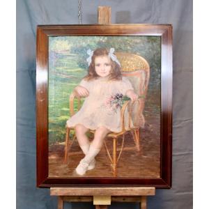 Painting Early Twentieth Young Girl With Bouquet