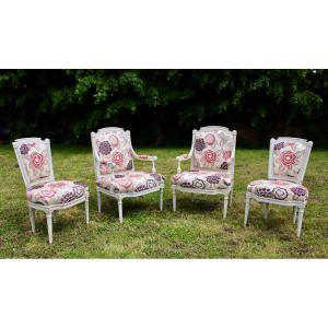 Louis XVI Period Living Room Composed Of 2 Armchairs And 2 Chairs