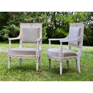 Pair Of Consulate Period Armchairs In Lacquered And Gilded Wood
