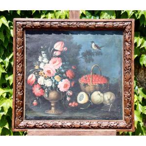 17th Century Painting Still Life Flowers Fruits Bird