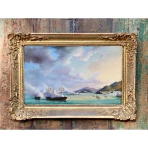 Peinture XIXème Bataille Dans La Baie d'Alger