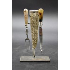 18th Century English Travel Cutlery In Agate And Galuchat Silver