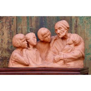 Terracotta Group By G. Hauchecorne The Breton Grandmother And Her Little Children