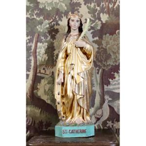 Large Sculpture Of Saint Catherine In Golden Wood, 18th Century