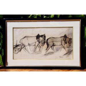 Pastel Drawing Of Draft Horses By Maximilien Luce