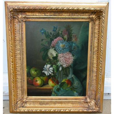 On Panel Painting "carnations And Apples" De Hamel