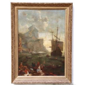 Marine Painting Animated Scene At The Port From The 18th Century