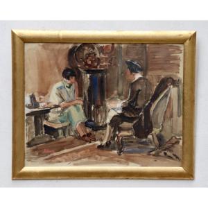 20th Century Painting By Raphaël Drouart "by The Fireside"