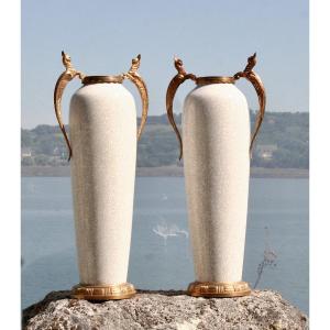 Large Pair Of Celadon Vases From The Early 20th Century, Bronze Mounts