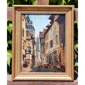 19th Century Painting "alley With Half-timbered Houses In Gelin"