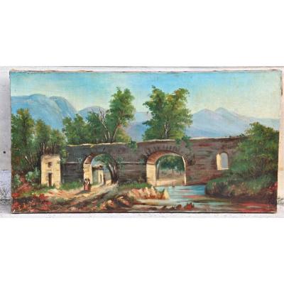 Oil On Canvas XIX "landscape For Women Under The Bridge" By E. Joly