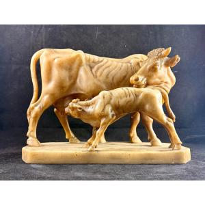 Cow And Her Calf In Alabaster After Pj Mêne, Late 19th Century 