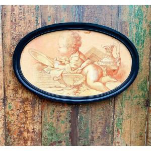 Oval Sanguine Study Painting Of A Putto