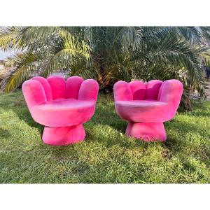 Pair Of Handmade Armchairs In Fichsia Velvet From The 1980s 11