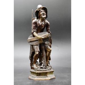 19th Century Sculpture Old Woman With Hurdy-gurdy