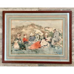 Watercolor 19th Century Lunch On The Grass By Victor Uytterschaut