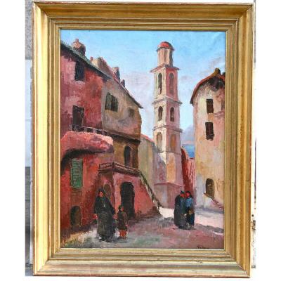 Oil On Canvas "corsican Village" By Richard