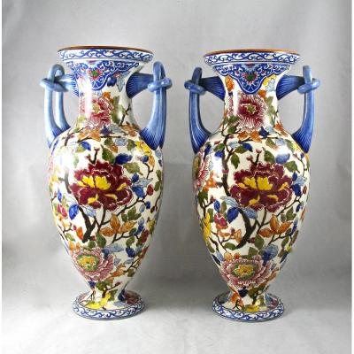 Vases Pair Twentieth In Gien Faience
