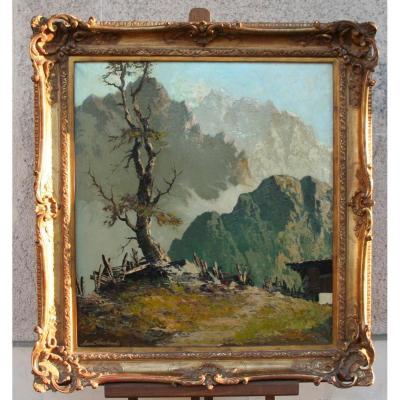 Oil On Canvas "landscape Of Mountains" Of Arnoh Fraboue