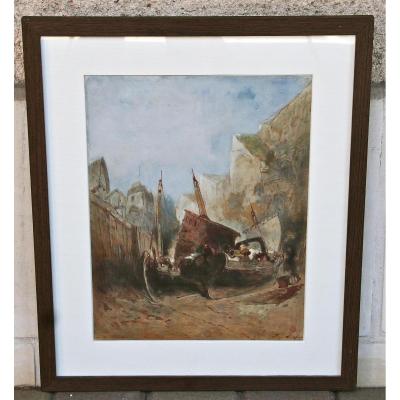 Watercolor "caulking Of The Ships" By Eugène Deshayes