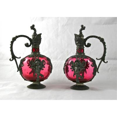 Pair Of Aiguières XIXème Renaissance Style Pewter And Glass Tinted