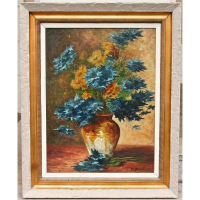 Huile Sur Toile De "les fleurs bleue" De P. Bodiou