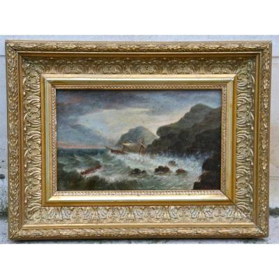 Marine Painting On Panel XIX "boats In The Storm"