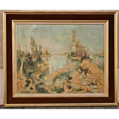 XXth Painting "the Loire In Autumn" By Jean Abadie