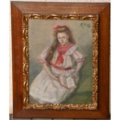 Pastel "portrait Of A Girl Sitting" By M. Vinsot 1906