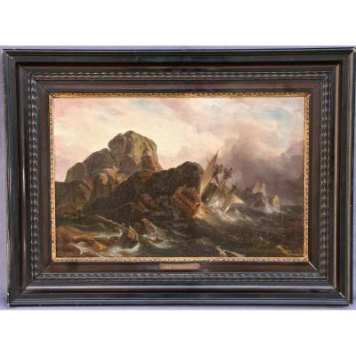 XIXth Painting "shipwreck" By Cl Verboeckhoven